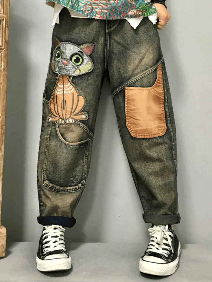 Women Cat Embroidery Patchwork Mid Waist Loose Denim Harem Jeans