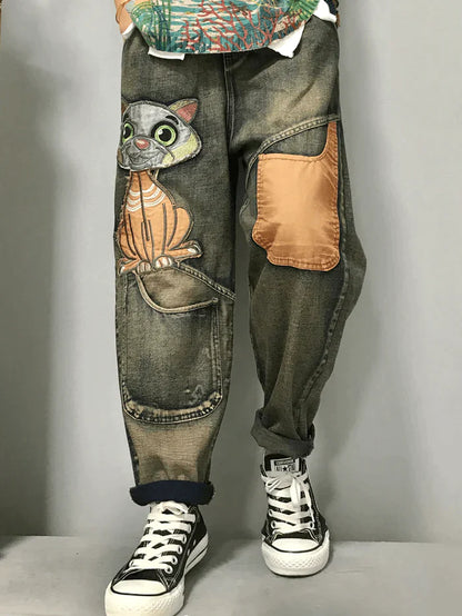 Women Cat Embroidery Patchwork Mid Waist Loose Denim Harem Jeans