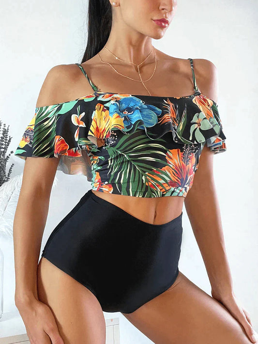 Tropical Plant Print Ruffle Spaghetti Straps High Waisted Bikinis Women Swimsuit