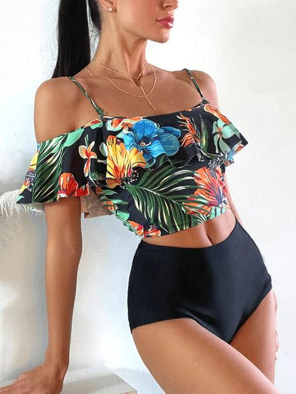 Tropical Plant Print Ruffle Spaghetti Straps High Waisted Bikinis Women Swimsuit