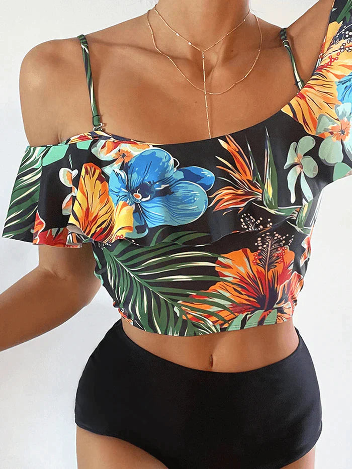 Tropical Plant Print Ruffle Spaghetti Straps High Waisted Bikinis Women Swimsuit